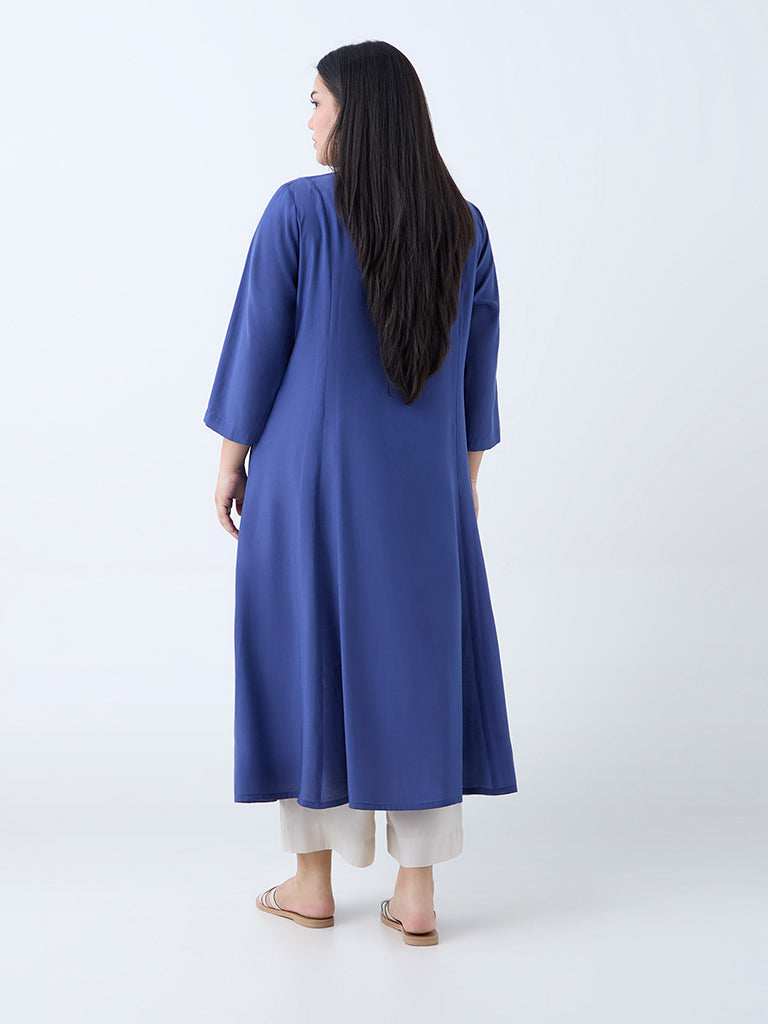 Westside Diza Women's Dark Blue Floral Embroidered A-Line Kurta for Work Wear Back View