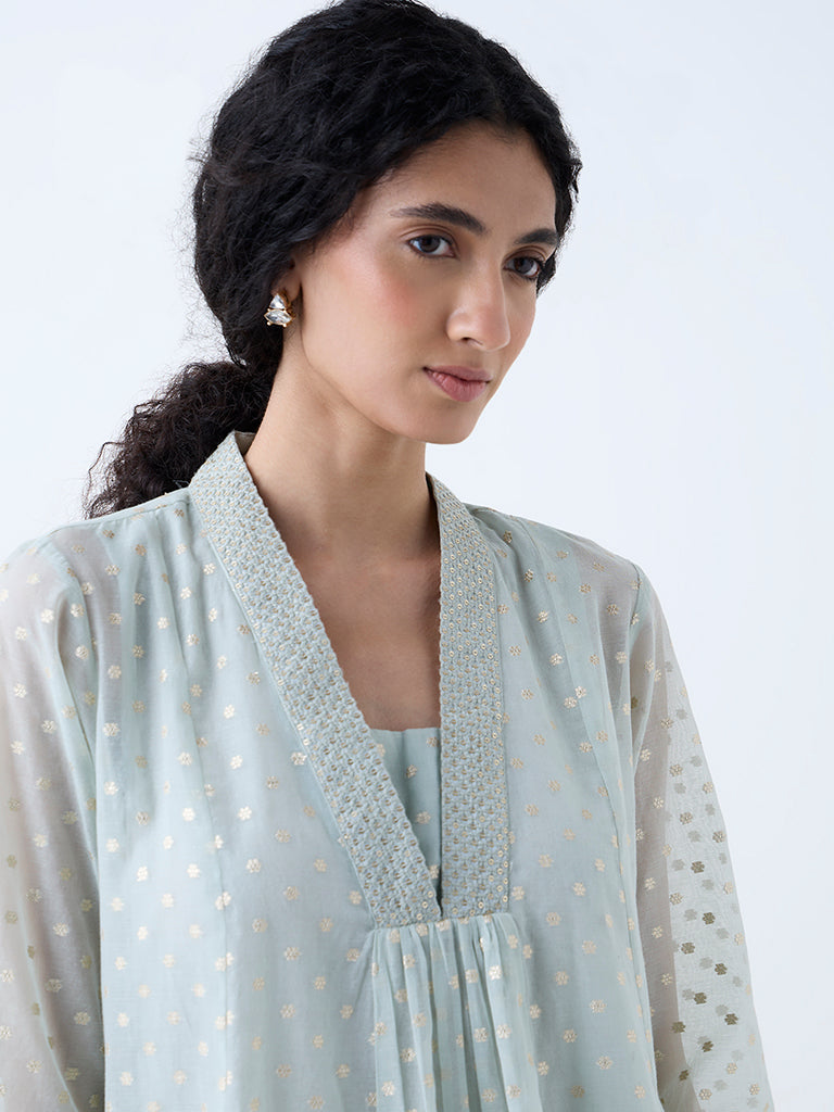 Westside Zuba Women's Light Blue Floral Design Fit-and-Flare Cotton-Blend Kurta for Work Wear Zoomed View