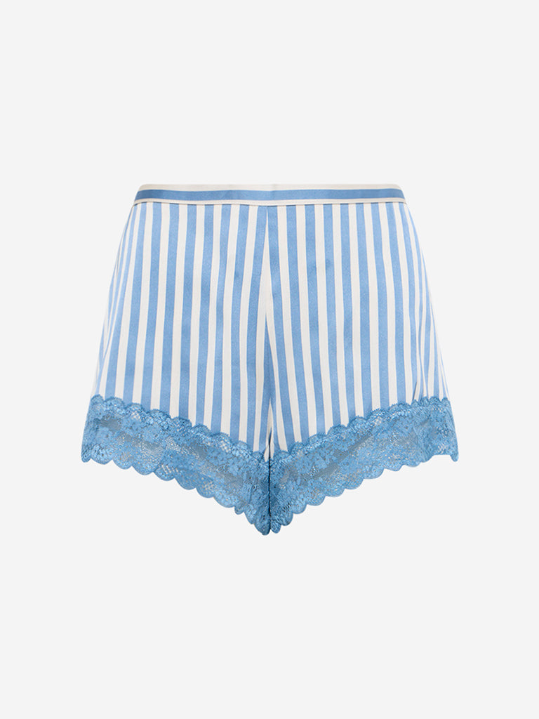 Westside Wunderlove Women's Blue Stripe Patterned High-Rise Satin Shorts for Casual Wear Flatly View