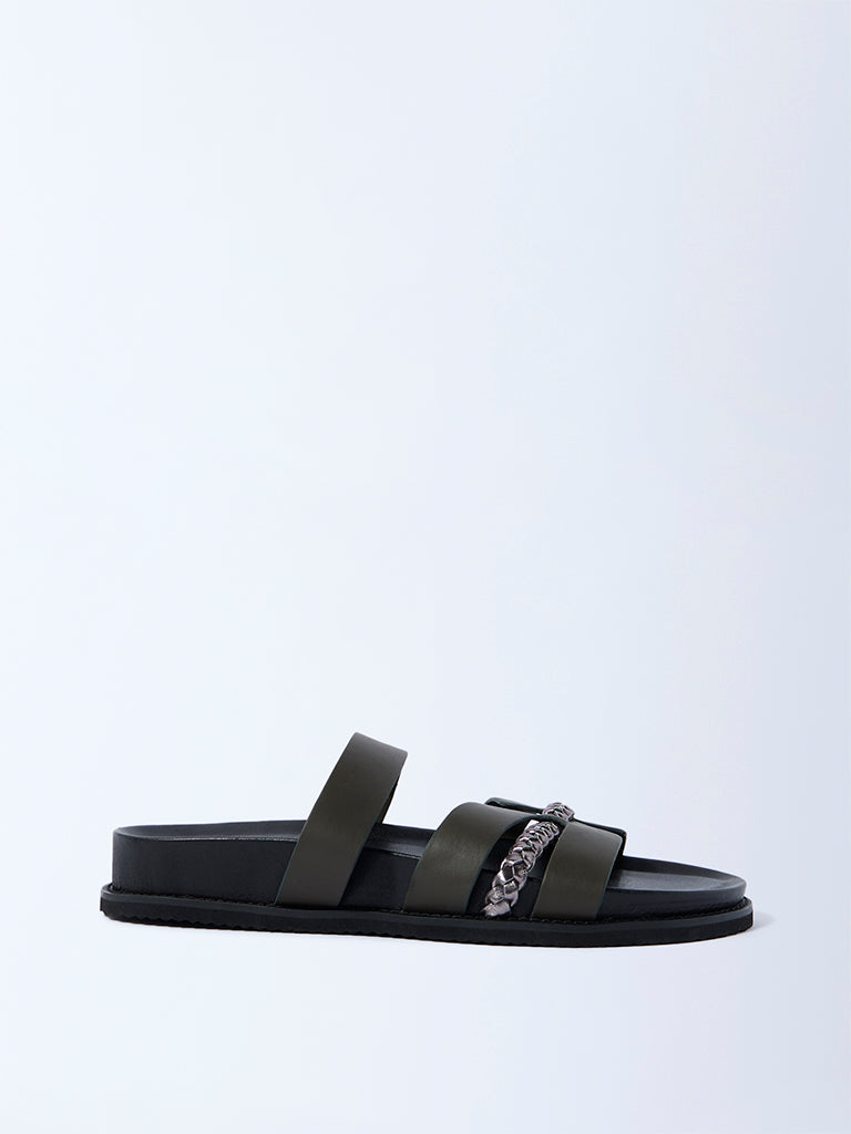 Westside LUNA BLU Women's Olive Multi-Strap Slip-On Sandals for Casual Wear Side View