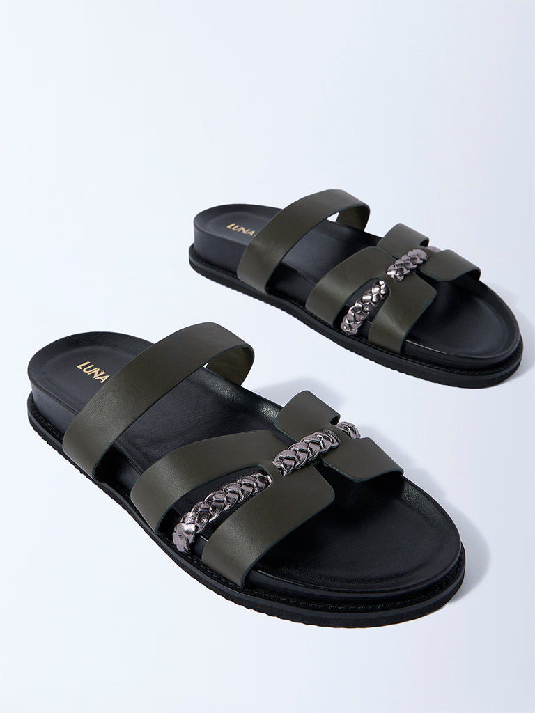 Westside LUNA BLU Women's Olive Multi-Strap Slip-On Sandals for Casual Wear Zoomed View