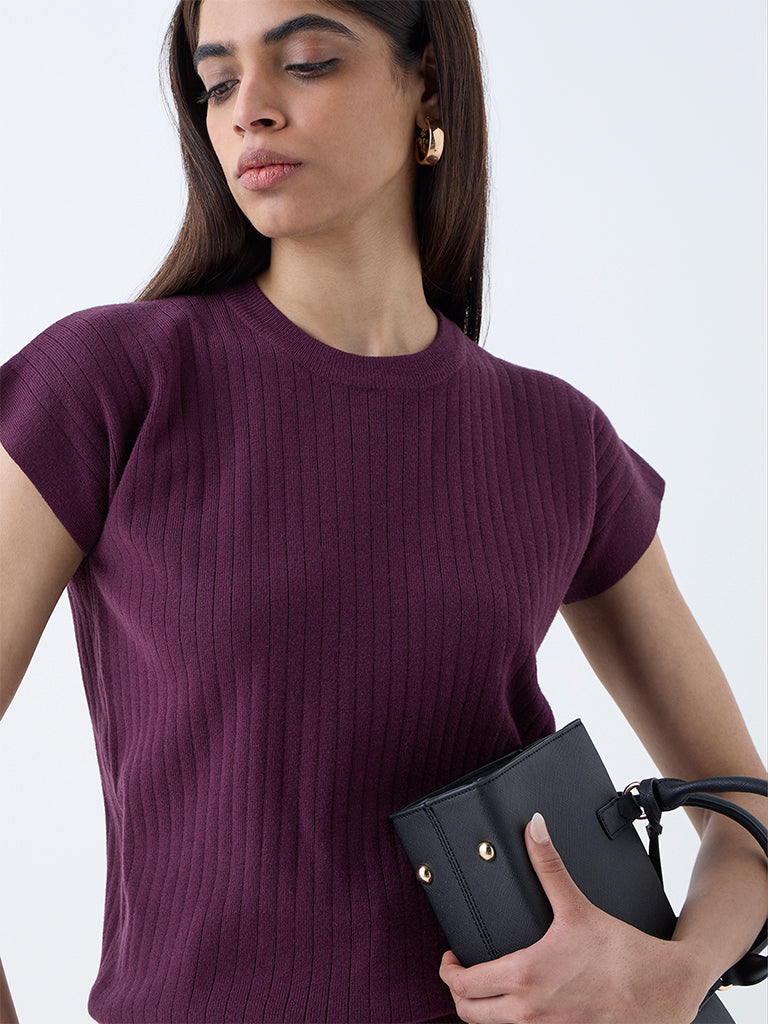 Wardrobe Plum Self-Striped T-Shirt