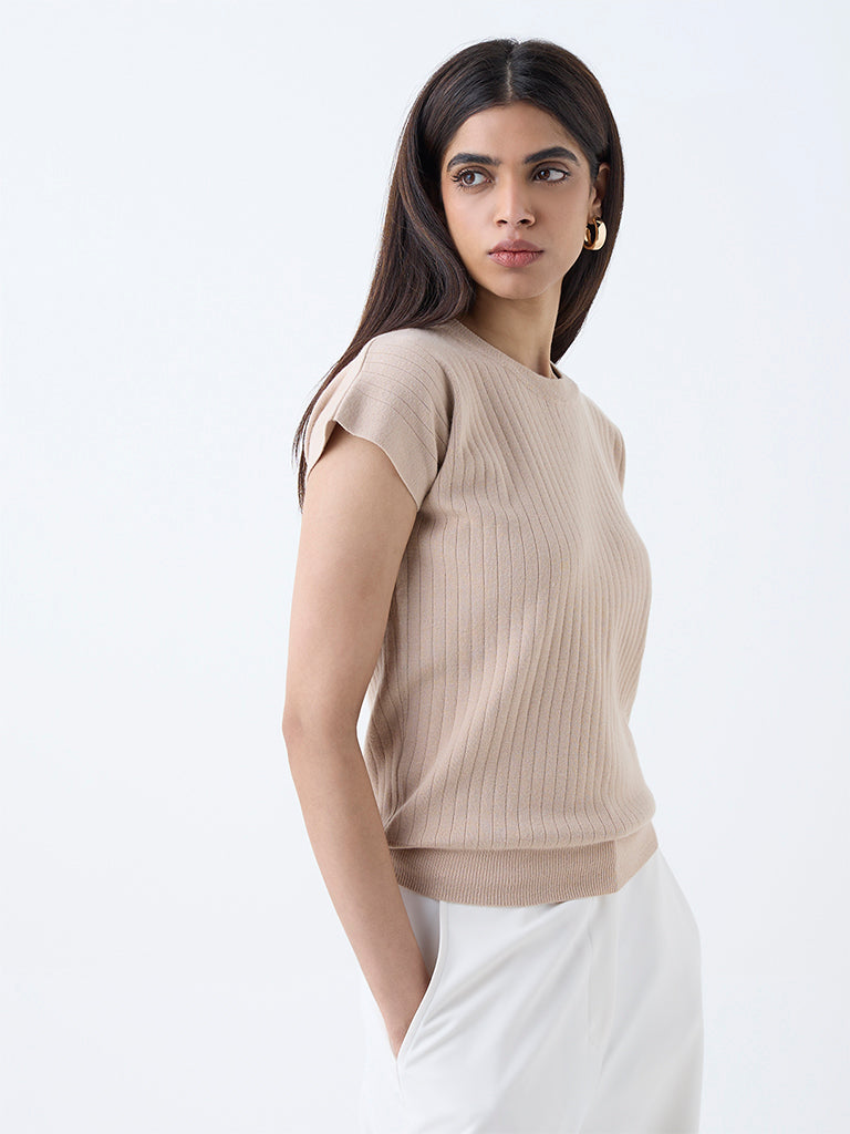 Wardrobe Beige Self-Striped T-Shirt
