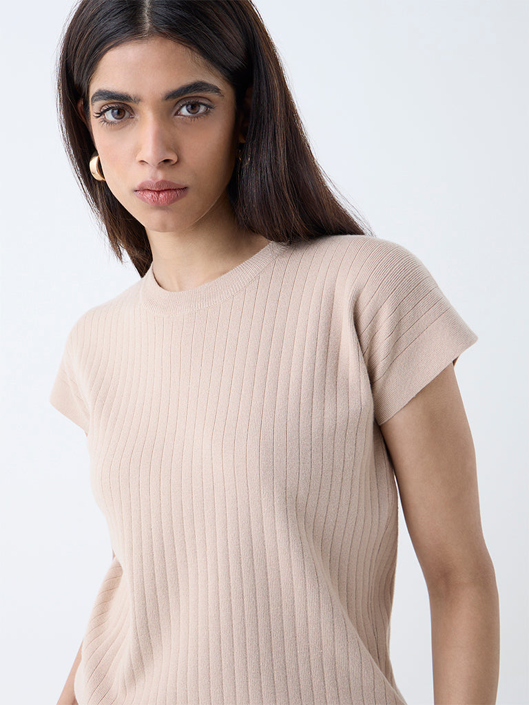 Wardrobe Beige Self-Striped T-Shirt