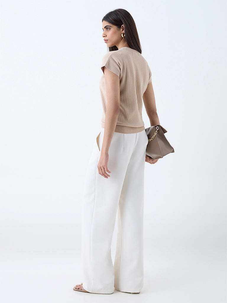 Wardrobe Beige Self-Striped T-Shirt