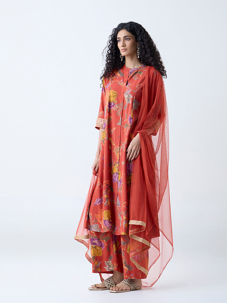Westside Vark Women's Orange Floral Pattern A-Line Ethnic Set for Festive Wear Front View