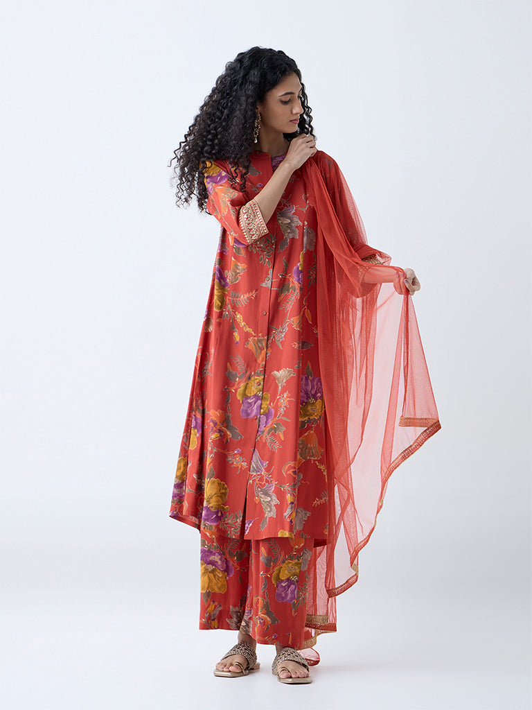 Westside Vark Women's Orange Floral Pattern A-Line Ethnic Set for Festive Wear Full View