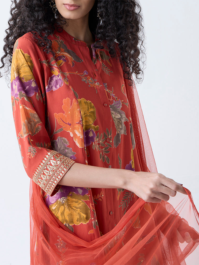 Westside Vark Women's Orange Floral Pattern A-Line Ethnic Set for Festive Wear Zoomed View