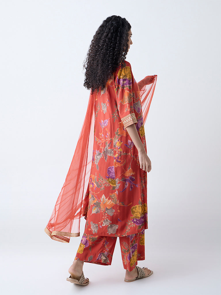 Westside Vark Women's Orange Floral Pattern A-Line Ethnic Set for Festive Wear Back View
