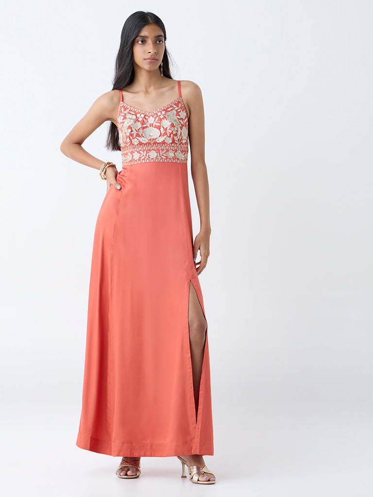 Westside Vark Women's Orange Floral Embroidered A-Line Dress for Festive Wear Front View