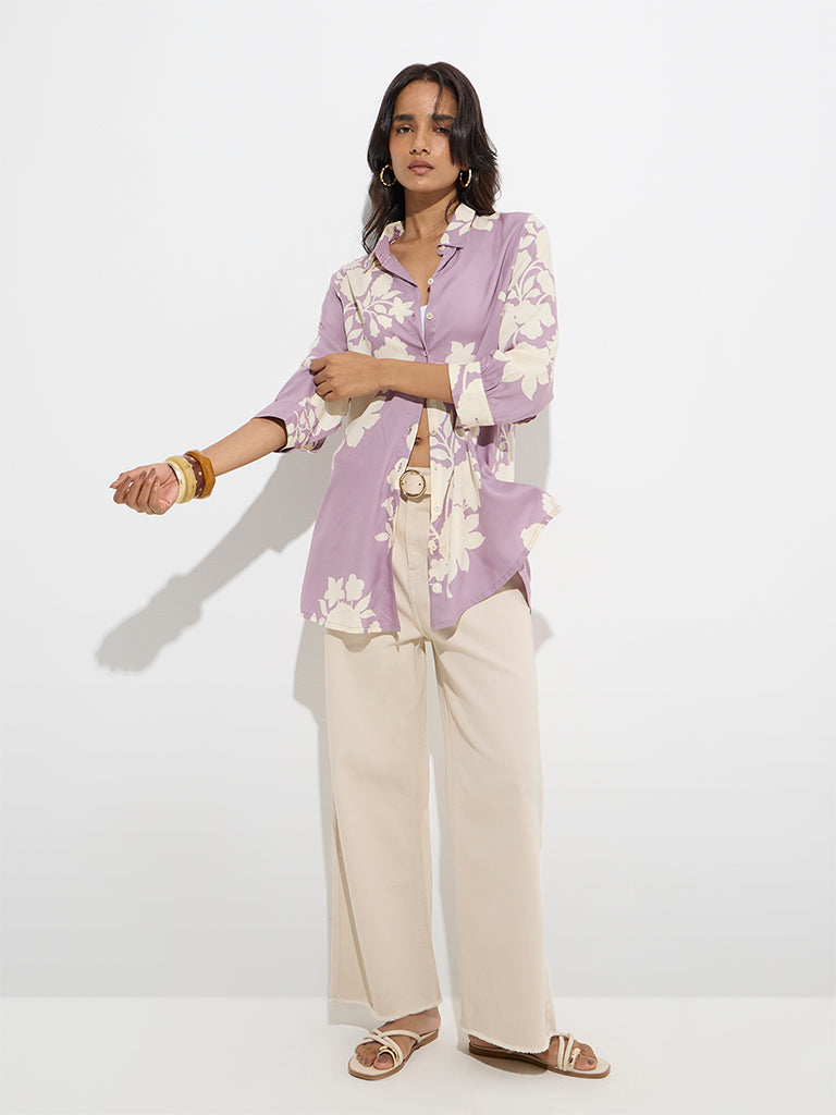 Westside Utsa Women's Lilac Floral Design Tunic for Everyday Full Model View