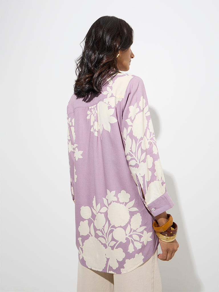 Westside Utsa Women's Lilac Floral Design Tunic for Everyday Back View