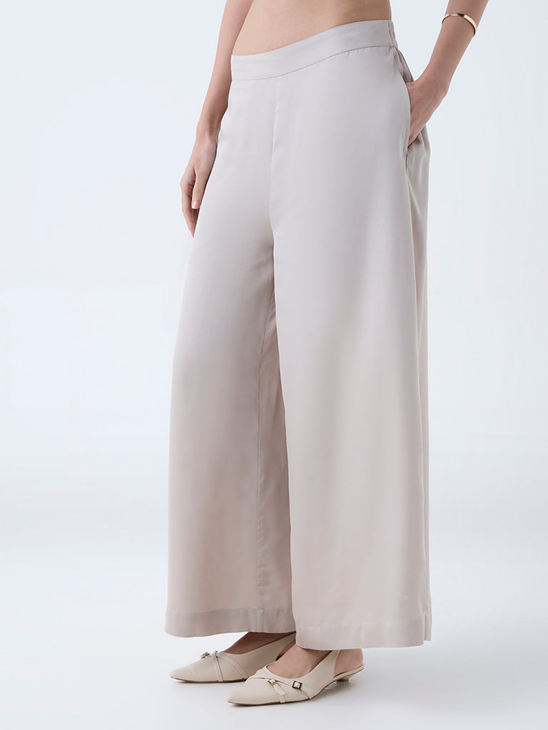 Westside Zuba Women's Taupe Solid Palazzos for Work Wear Front View