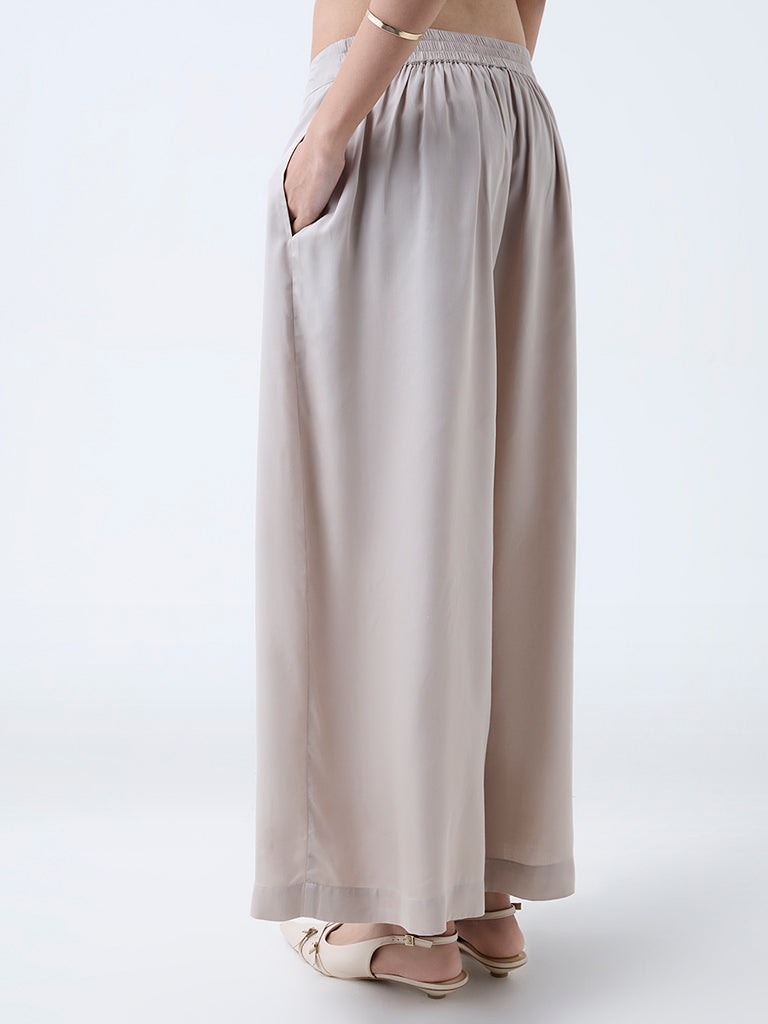 Westside Zuba Women's Taupe Solid Palazzos for Work Wear Back View