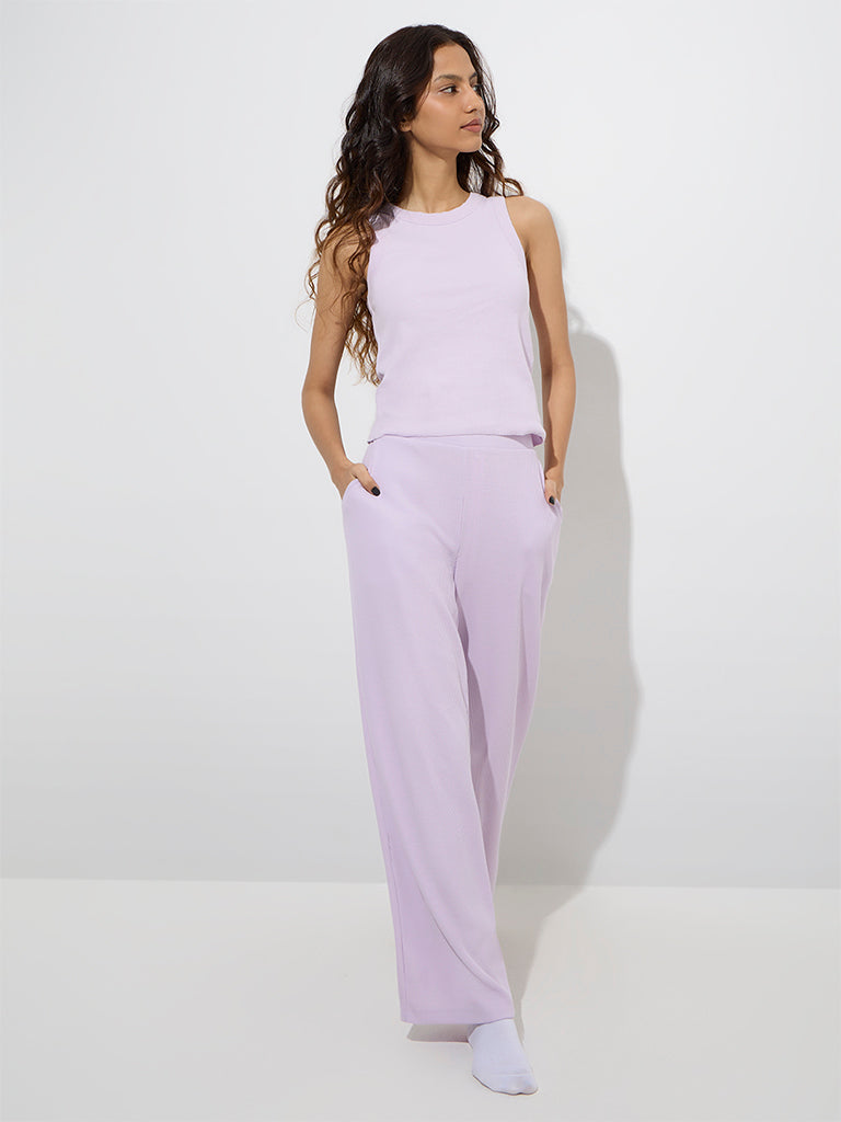 Westside Superstar Women's Lavender Ribbed-Textured Cotton-Blend Tank Top for Casual Wear Full Model View