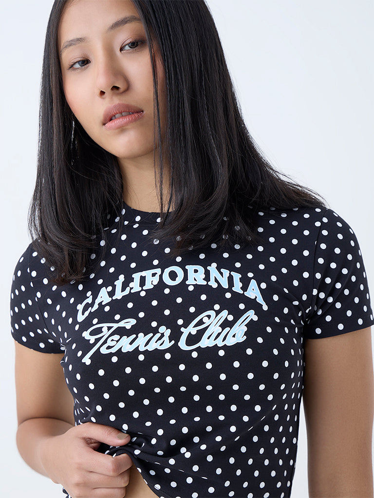 Westside Superstar Women's Black Polka Dotted Cotton-Blend T-Shirt for Casual Wear Zoomed View