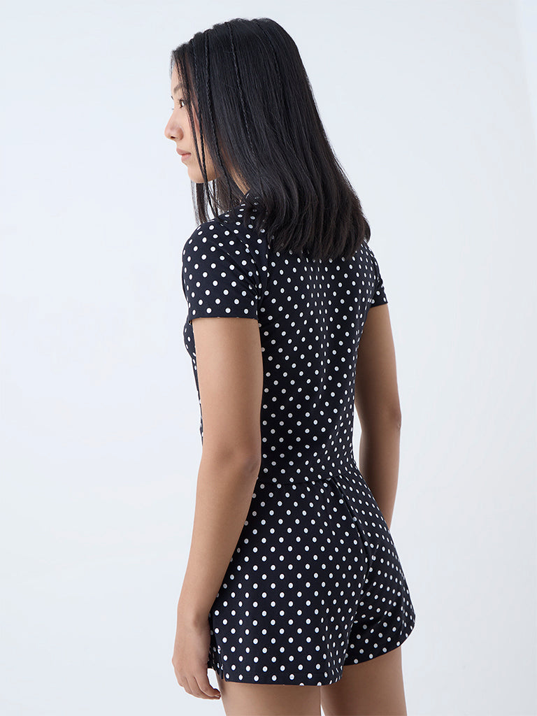 Westside Superstar Women's Black Polka Dotted Cotton-Blend T-Shirt for Casual Wear Back View