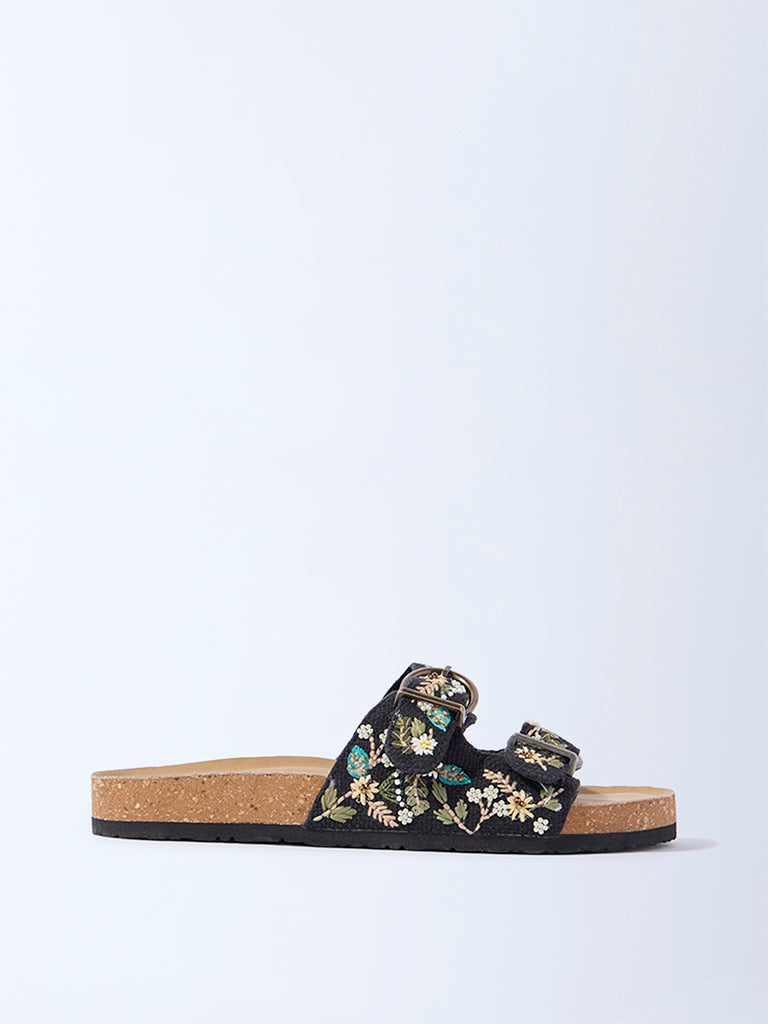 LUNA BLU Black Floral Embroidered Slip-On Sandals