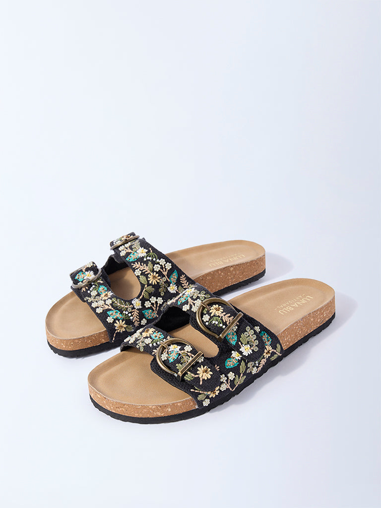 LUNA BLU Black Floral Embroidered Slip-On Sandals