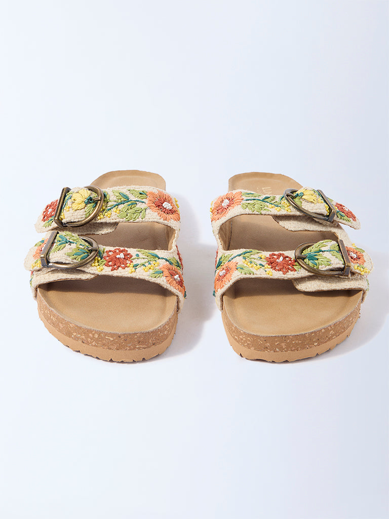 LUNA BLU Multicolour Floral Embroidered Slip-On Sandals