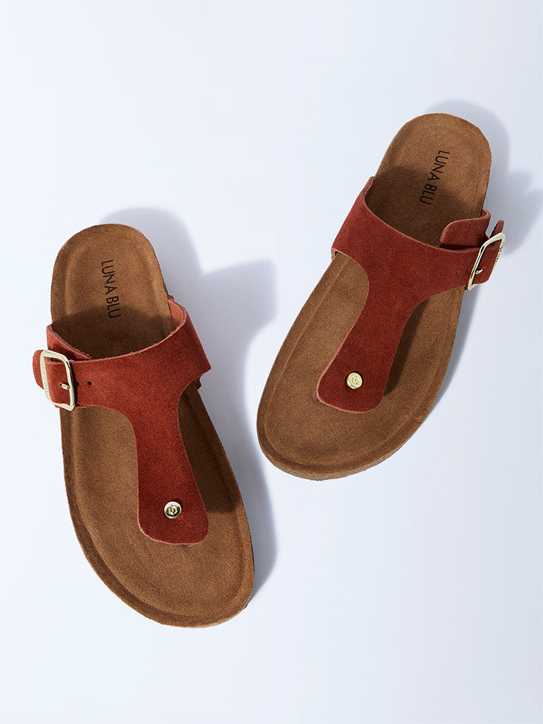 Westside LUNA BLU Women's Rust T-Strap Suede Sandals for Casual Wear Top View