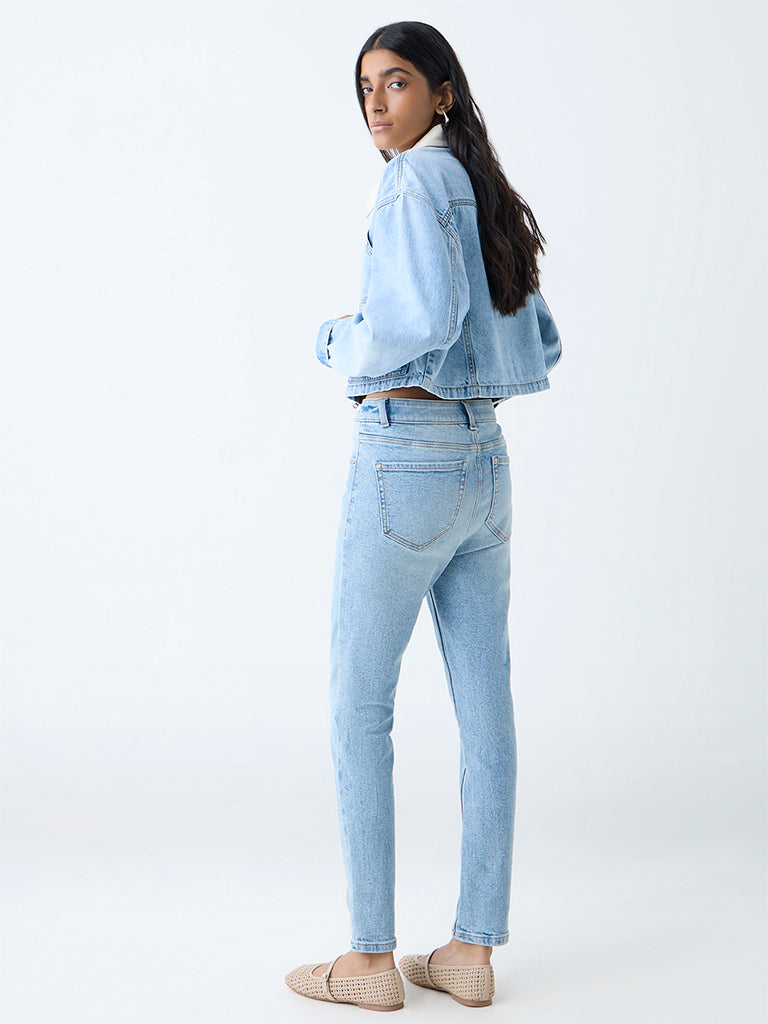 Westside Nuon Women's Light Blue Skinny-Fit Mid-Rise Jeans for Casual Wear Back View