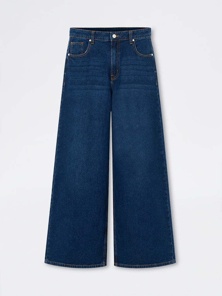 Nuon Dark Blue Washed Wide-Leg High-Rise Jeans