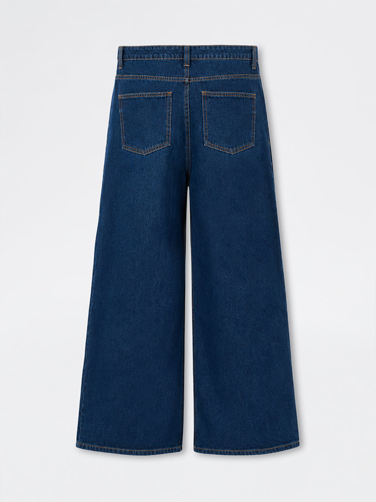 Nuon Dark Blue Washed Wide-Leg High-Rise Jeans