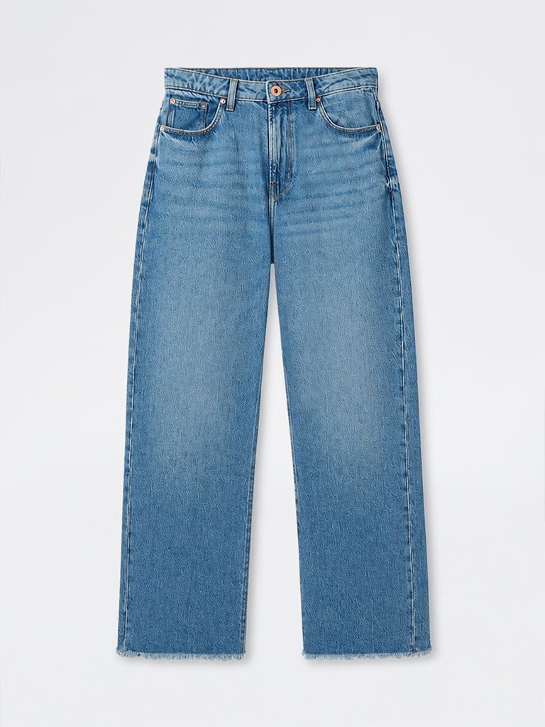 Nuon Blue Washed Frayed-Hem High-Rise Jeans