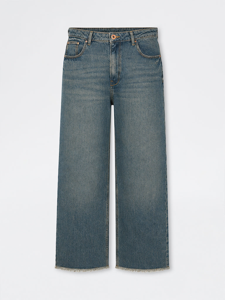 Nuon Blue Mid-Wash Frayed-Hem High-Rise Jeans