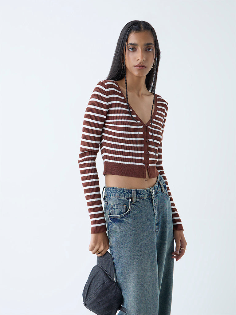 Westside Nuon Women's Brown Stripe Printed Top for Casual Wear Front view