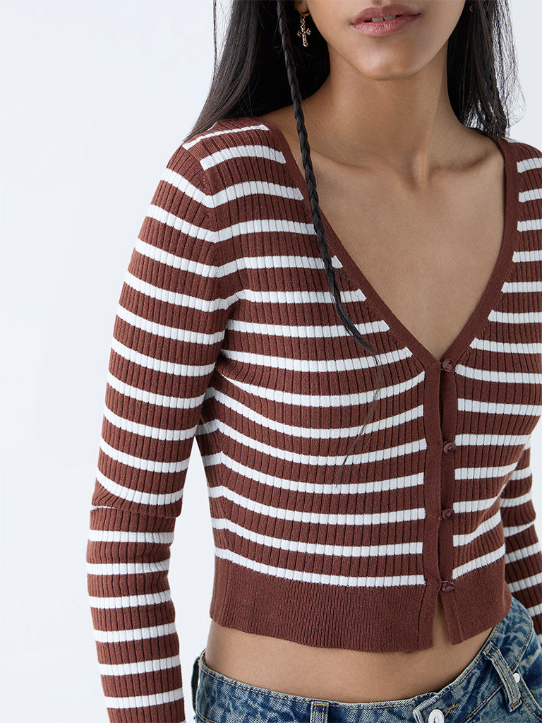 Westside Nuon Women's Brown Stripe Printed Top for Casual Wear Zoomed View