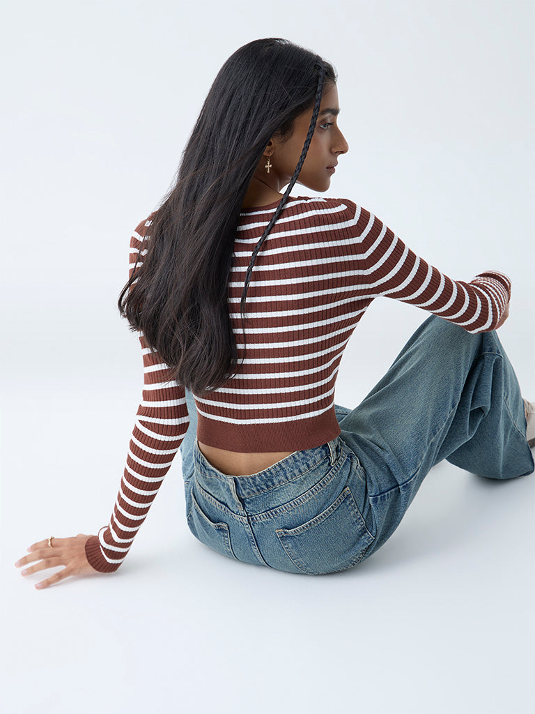 Westside Nuon Women's Brown Stripe Printed Top for Casual Wear Back View