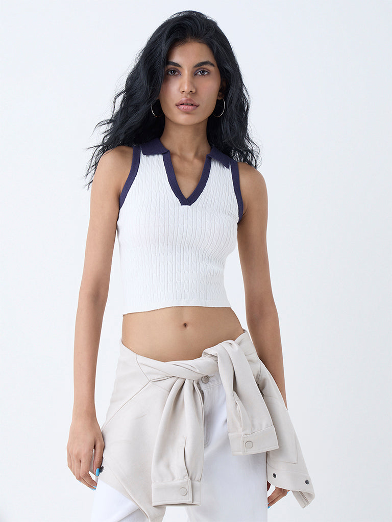 Westside Nuon Women's White Cable-Knitted Top for Casual Wear Front view