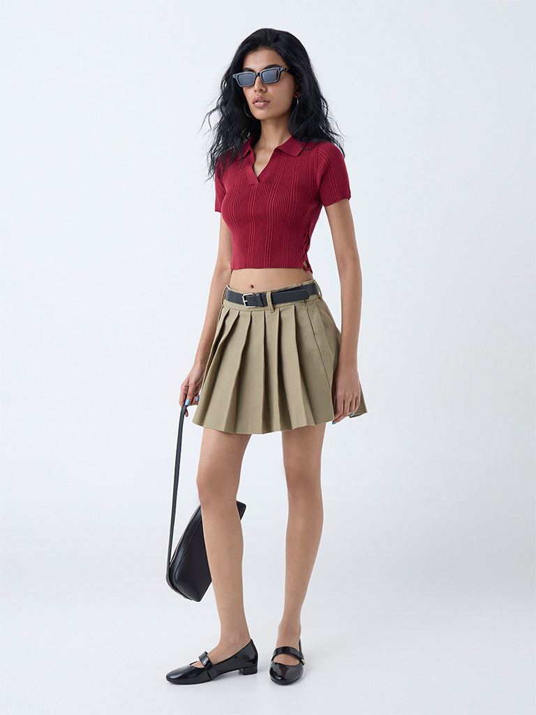 Westside Nuon Women's Maroon Ribbed-Textured T-Shirt for Casual Wear Full View