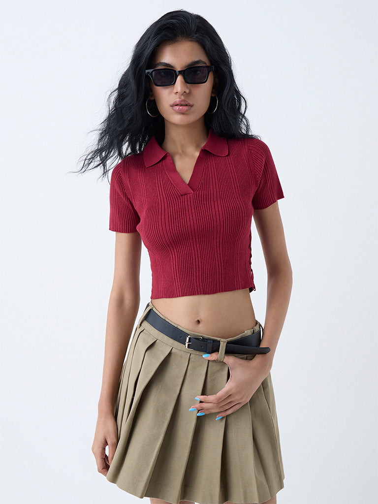 Westside Nuon Women's Maroon Ribbed-Textured T-Shirt for Casual Wear Front view