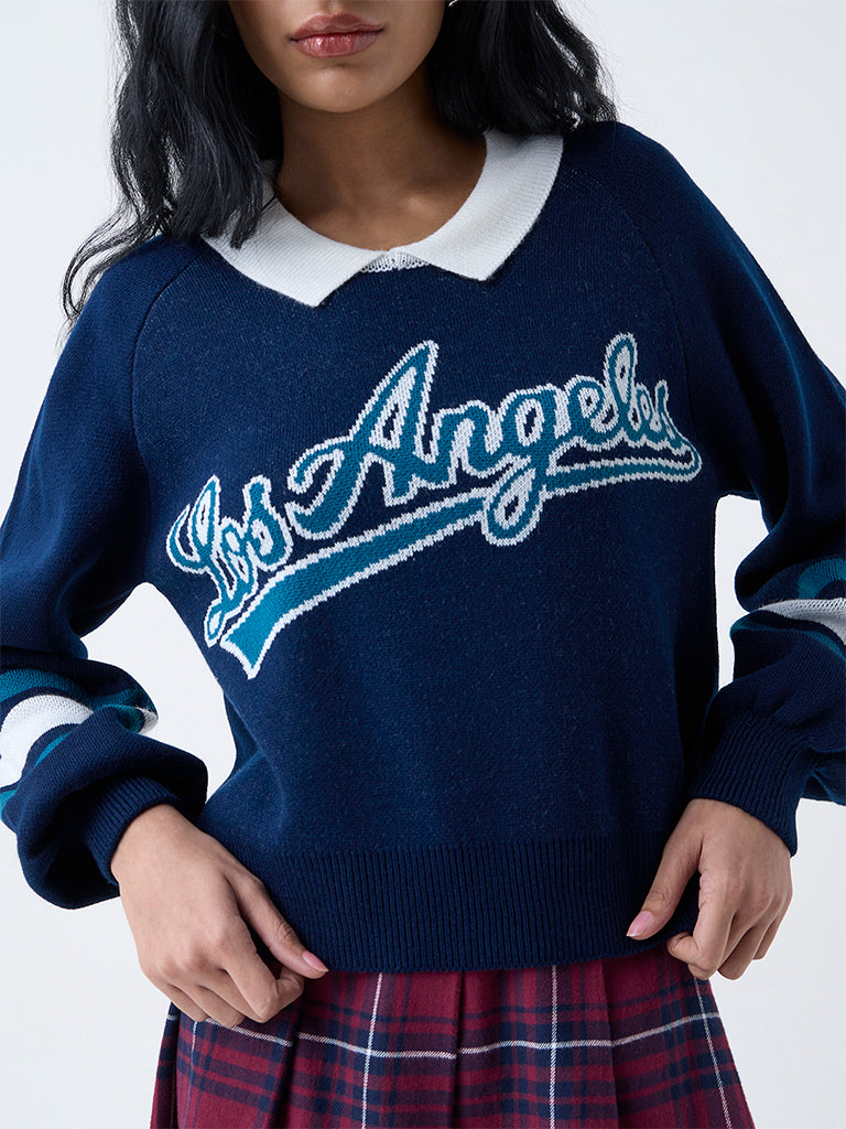 Nuon Navy Text Detailed Sweater