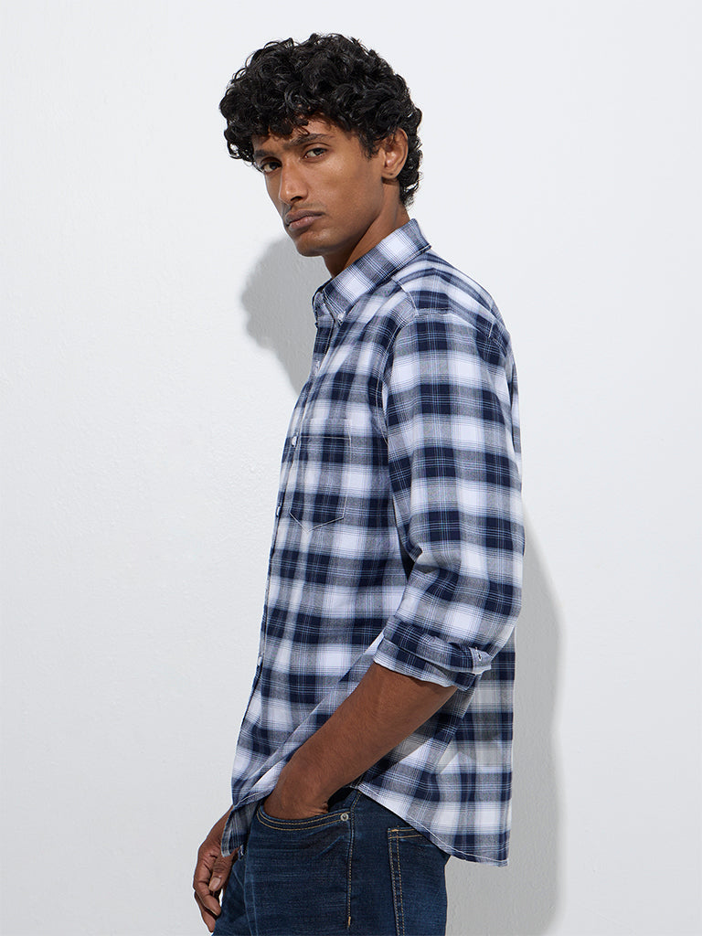 WES Casuals Navy Checkered Relaxed-Fit Cotton Shirt