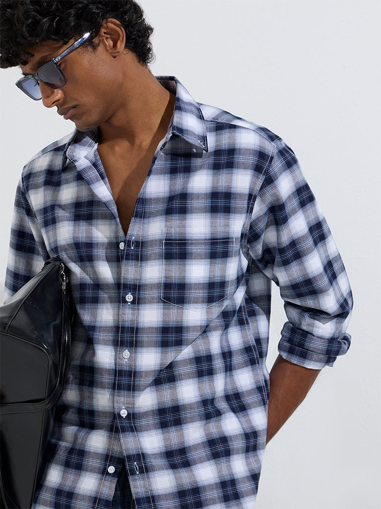 WES Casuals Navy Checkered Relaxed-Fit Cotton Shirt