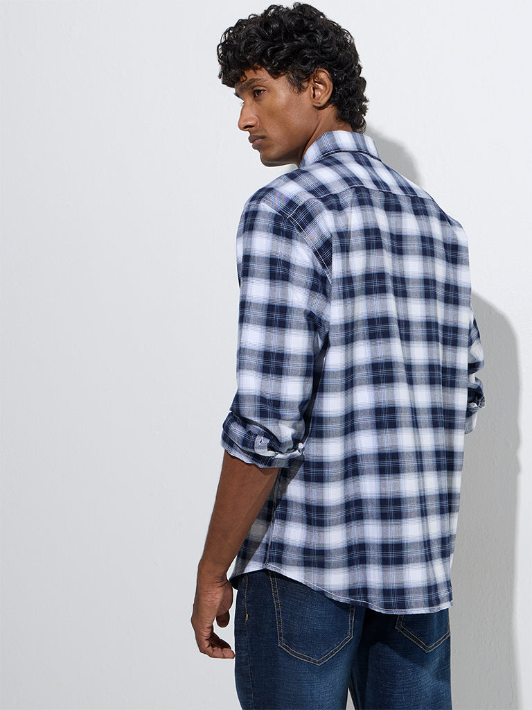 WES Casuals Navy Checkered Relaxed-Fit Cotton Shirt