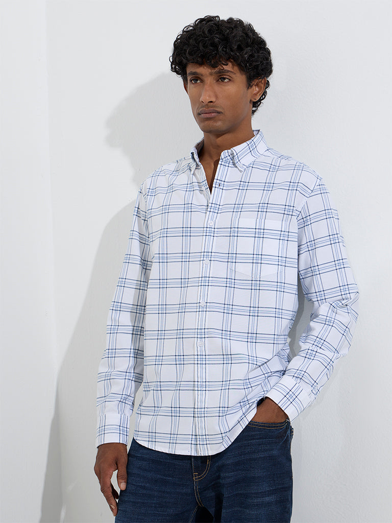 WES Casuals White Checks Design Relaxed-Fit Cotton Shirt