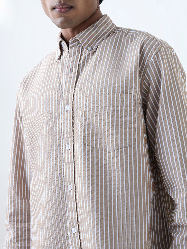 WES Casuals Taupe Seersucker Striped Relaxed-Fit Cotton Shirt