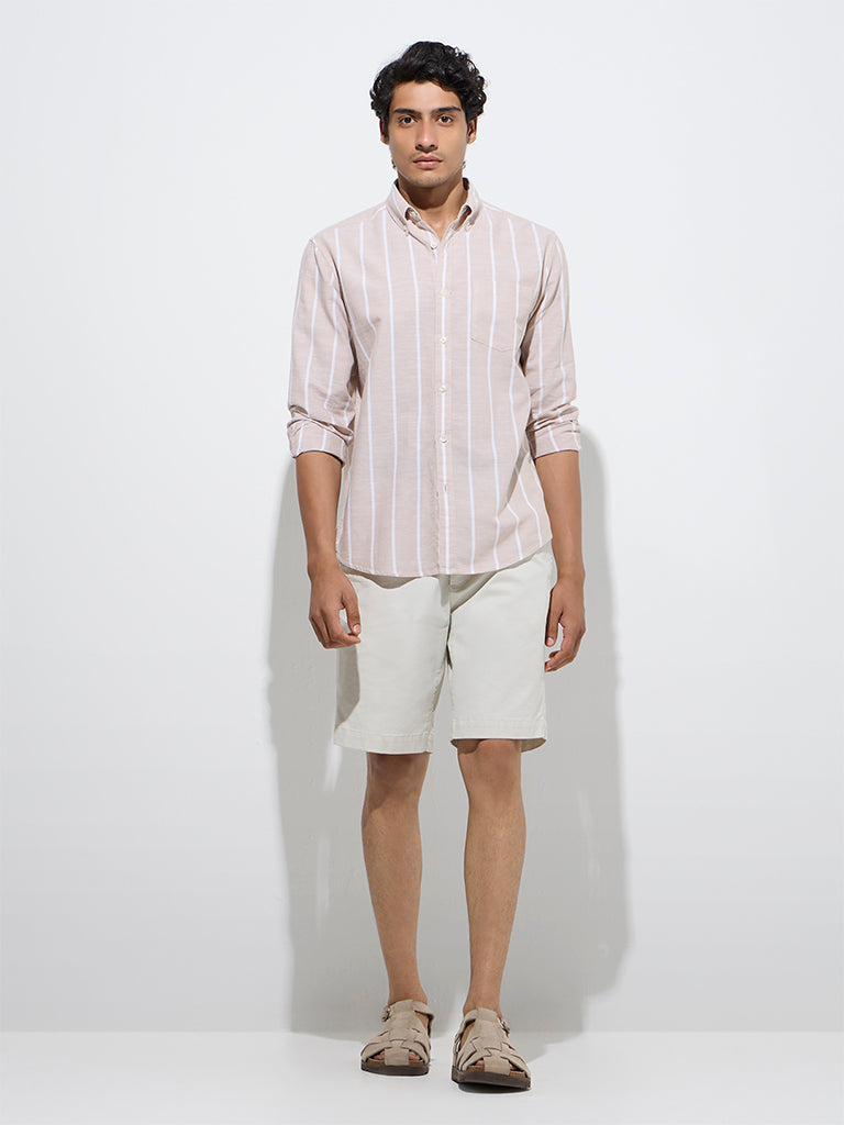 WES Casuals Beige Striped Relaxed-Fit Cotton-Blend Shirt
