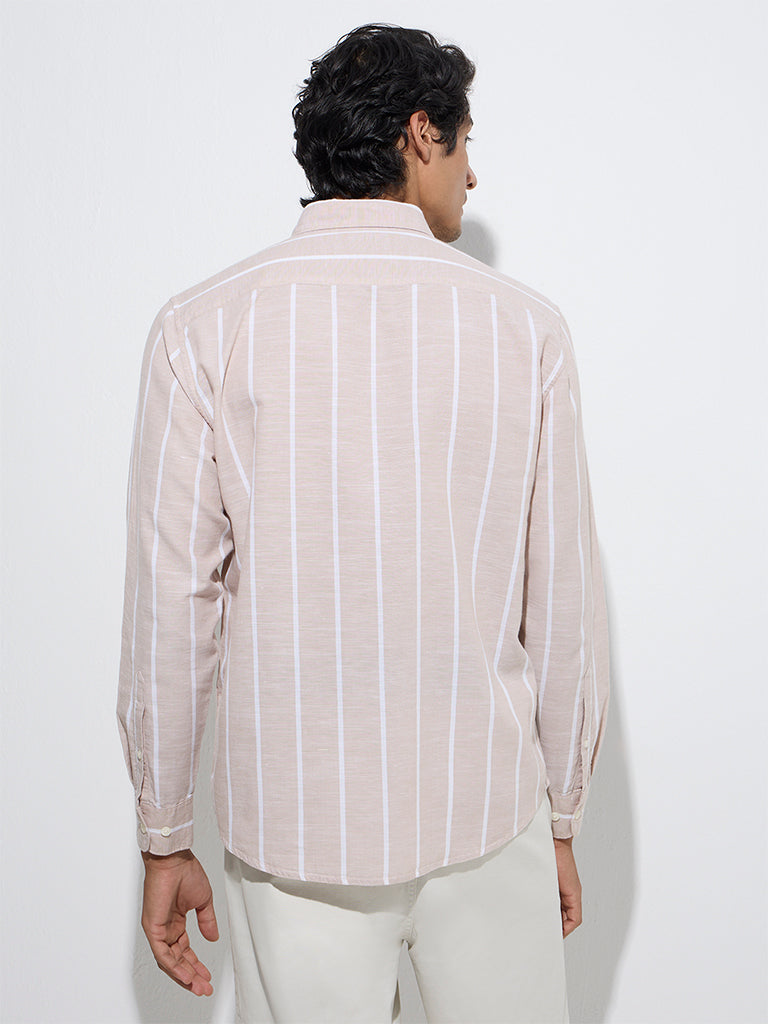 WES Casuals Beige Striped Relaxed-Fit Cotton-Blend Shirt
