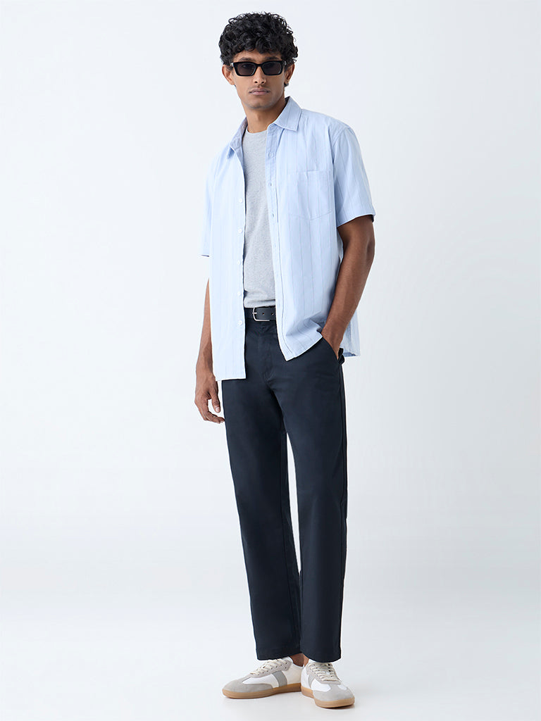 WES Casuals Blue Self-Striped Relaxed-Fit Cotton Shirt