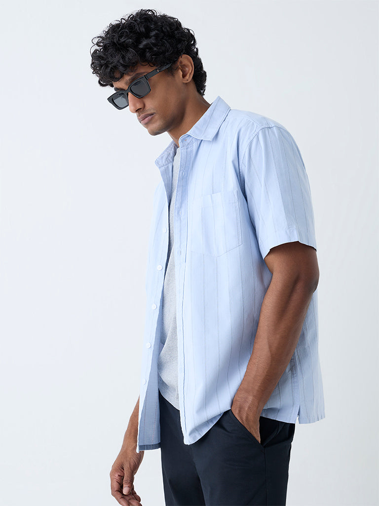 WES Casuals Blue Self-Striped Relaxed-Fit Cotton Shirt