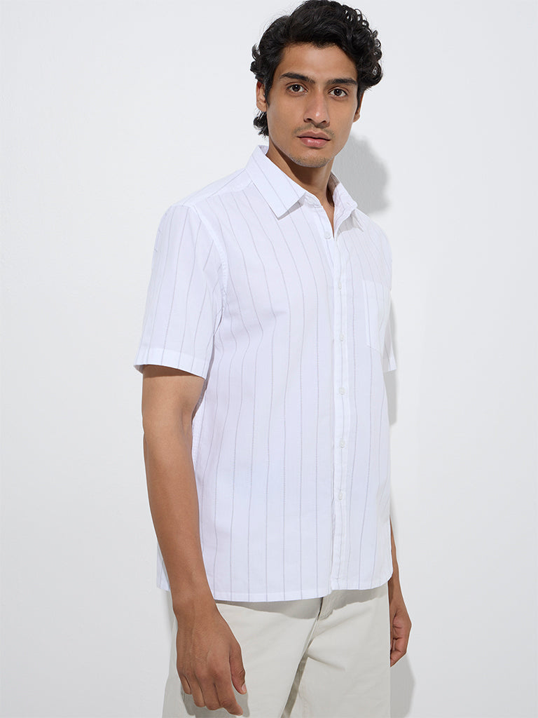 Westside WES Casuals Men's White Striped Relaxed-Fit Cotton Shirt for Casual Wear Front view