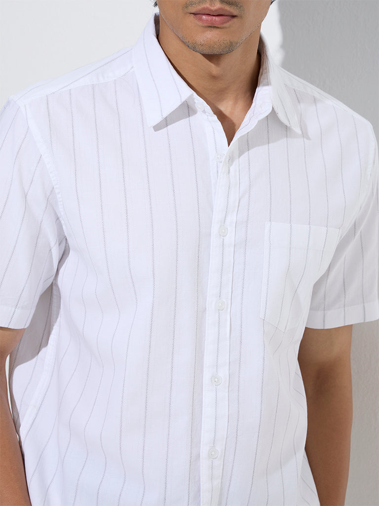 Westside WES Casuals Men's White Striped Relaxed-Fit Cotton Shirt for Casual Wear Zoomed View