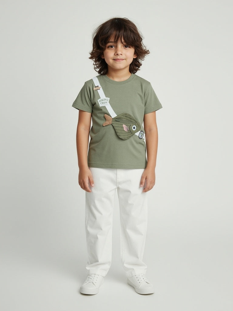 HOP Kids Boys Olive Fish Detailed Cotton T-Shirt