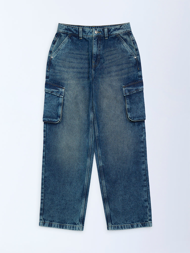 Boys Blue Washed Relaxed-Fit Mid-Rise Jeans